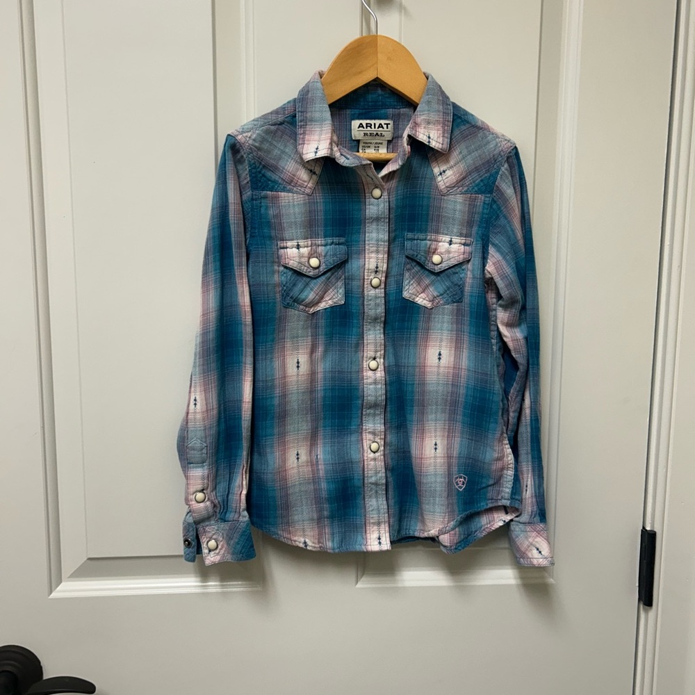 Ariat Teal and Pink Plaid Western Snap Shirt - Youth
